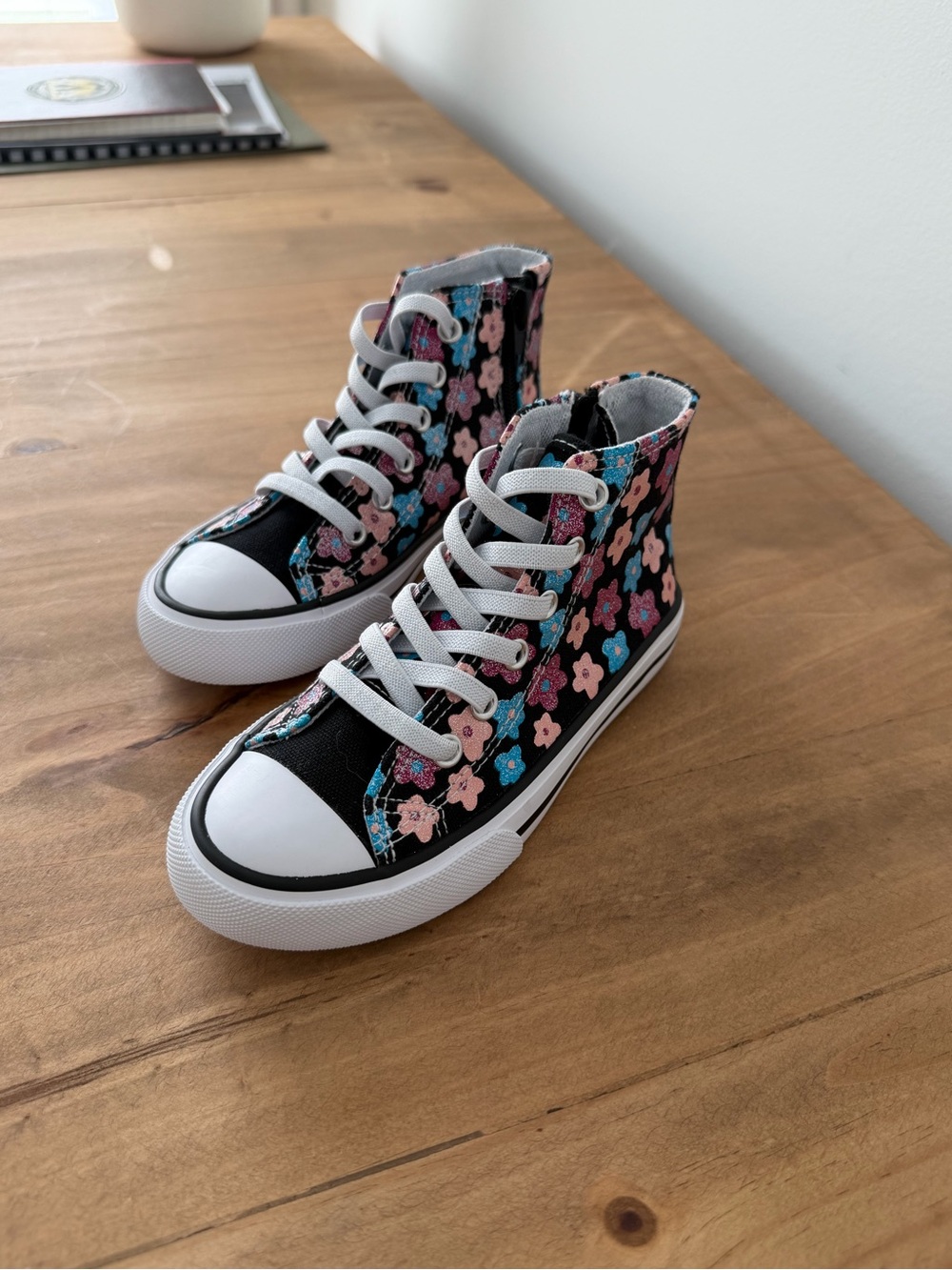 Kids High-Top Floral Canvas Sneakers - Black with Pink & Blue Flowers - Picture 3 of 6